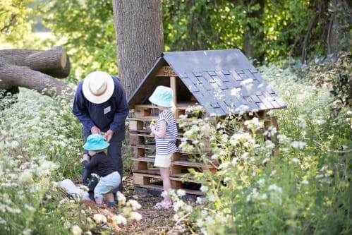 man and small children by bug hotel