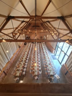 view of wedding tables from rafters