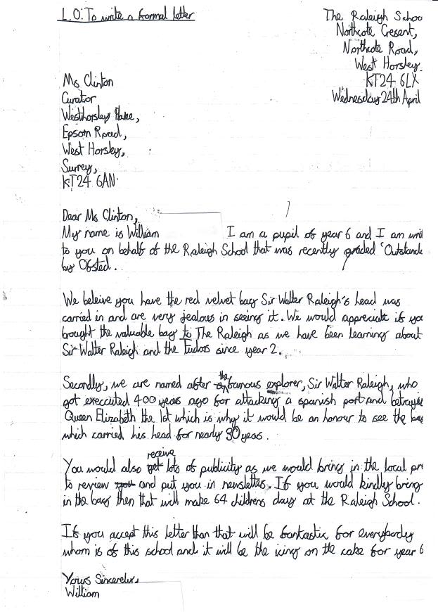 Letter from Year 6 pupil William requesting to see the Raleigh Bag